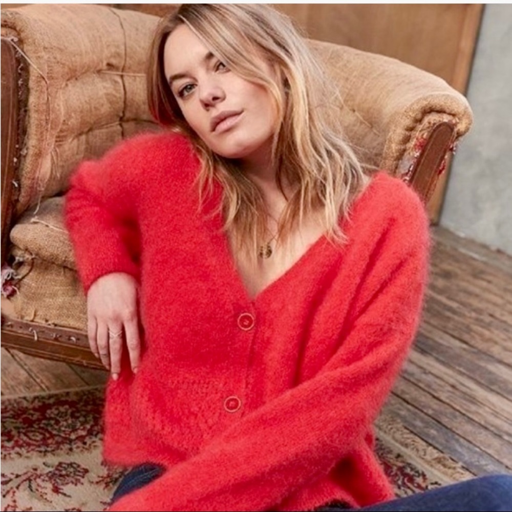 Sezane Red Fuzzy V-Neck Cardigan